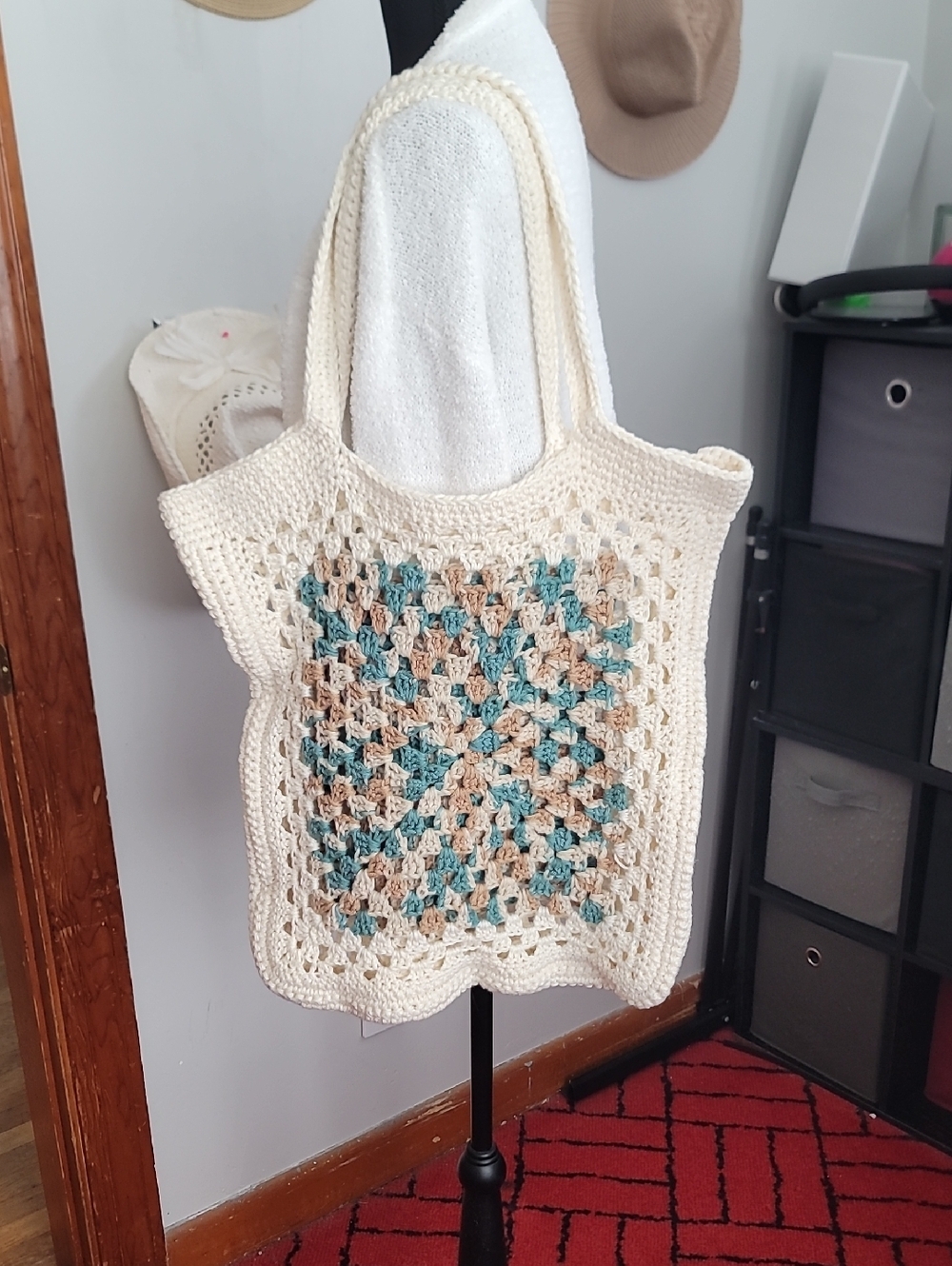 Handmade Crochet Tote Bag in Cream with Teal & Beige Accents
